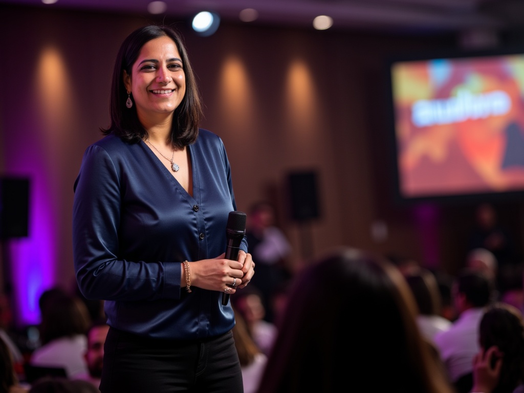Indian woman on stage giving a keynote speech, wearing a blue silk blouse and black pants. She has a mic in her hand, and crowd in the background along with a giant screen.